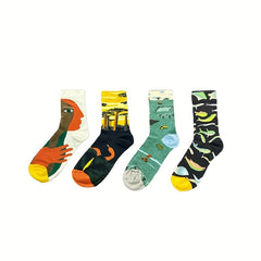 4 Pairs Painting Print Socks Women's Mid Tube Stockings