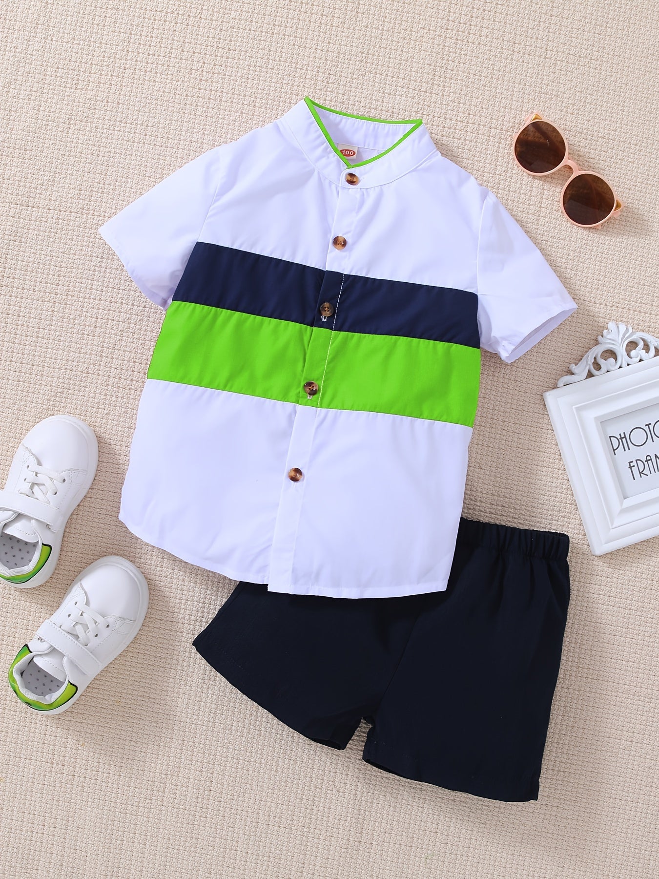 Boys Block Outfit Short Sleeves Stand Collar Shirt & Shorts Set