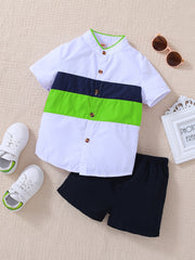 Boys Block Outfit Short Sleeves Stand Collar Shirt & Shorts Set