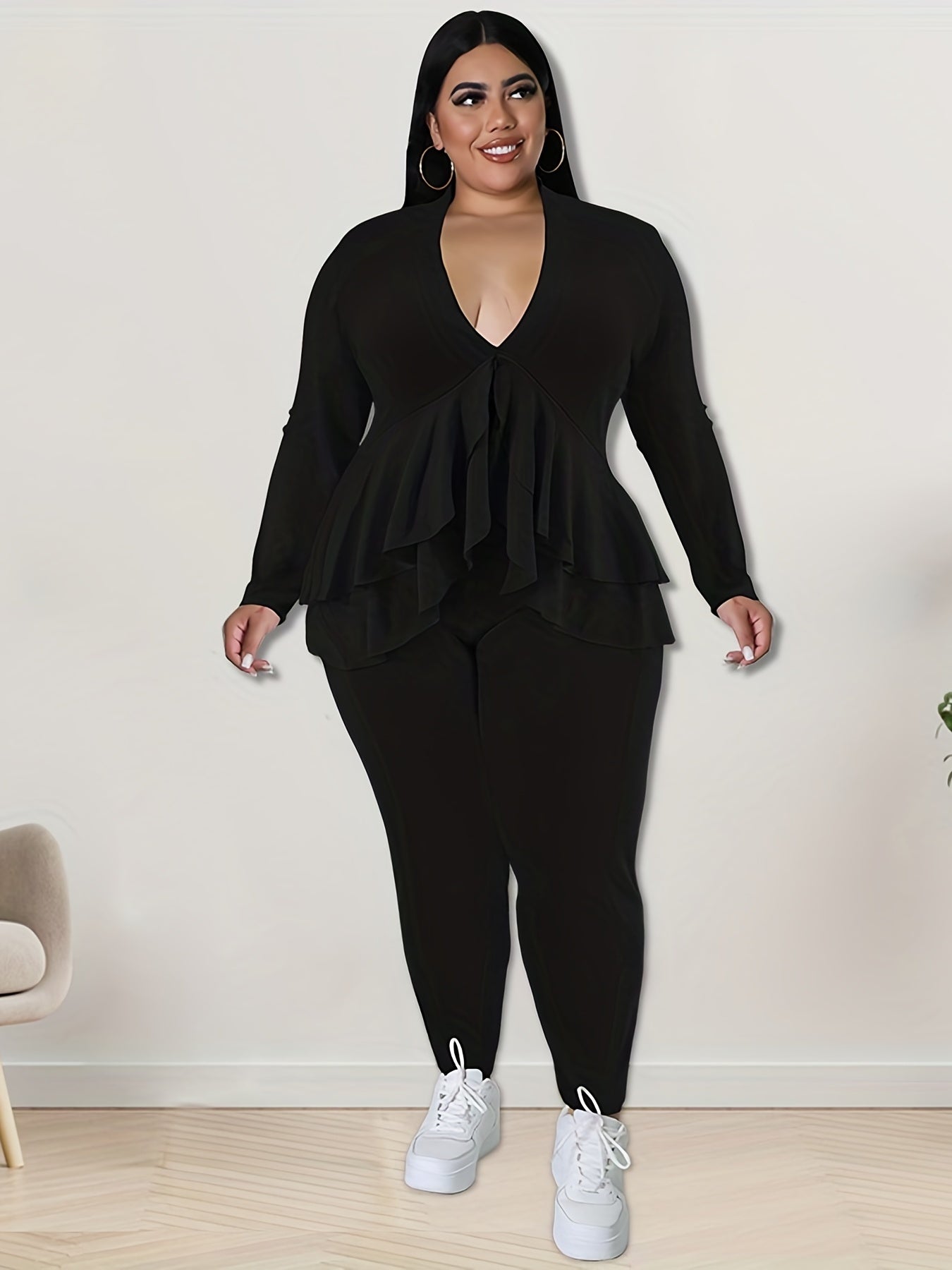 2 Piece Set Solid Long Sleeve V Neck Top & Pants Outfit