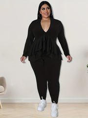 2 Piece Set Solid Long Sleeve V Neck Top & Pants Outfit