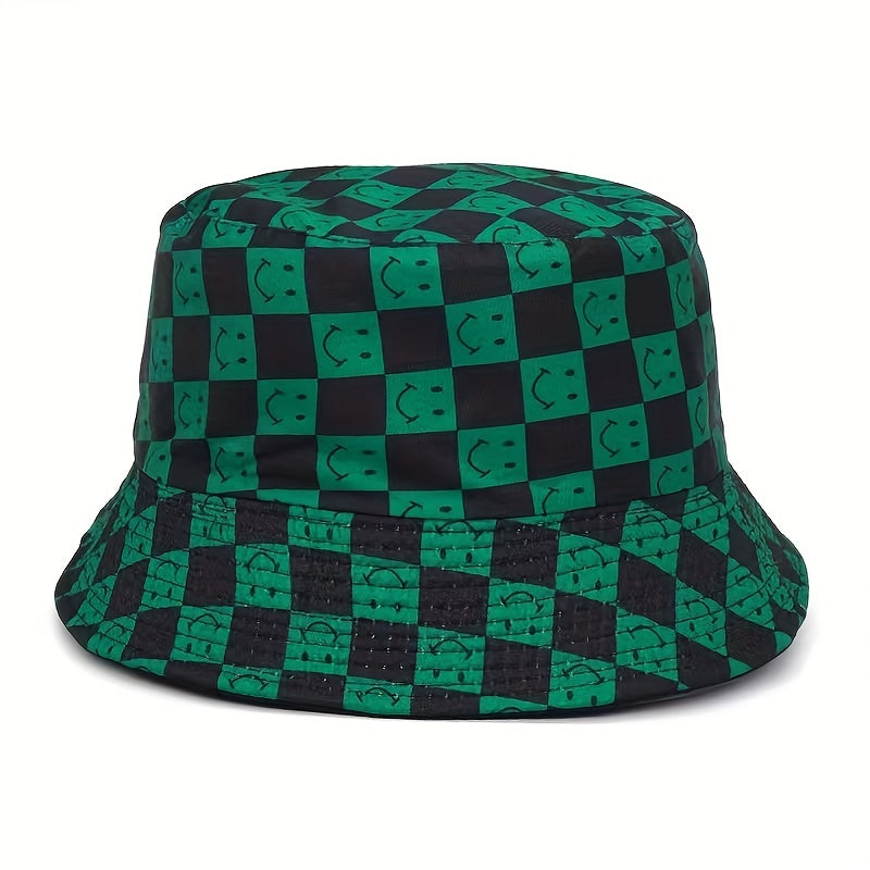Double Sided Checkerboard Fisherman Hat Plaid Happy Fac