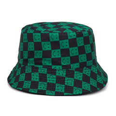 Double Sided Checkerboard Fisherman Hat Plaid Happy Fac