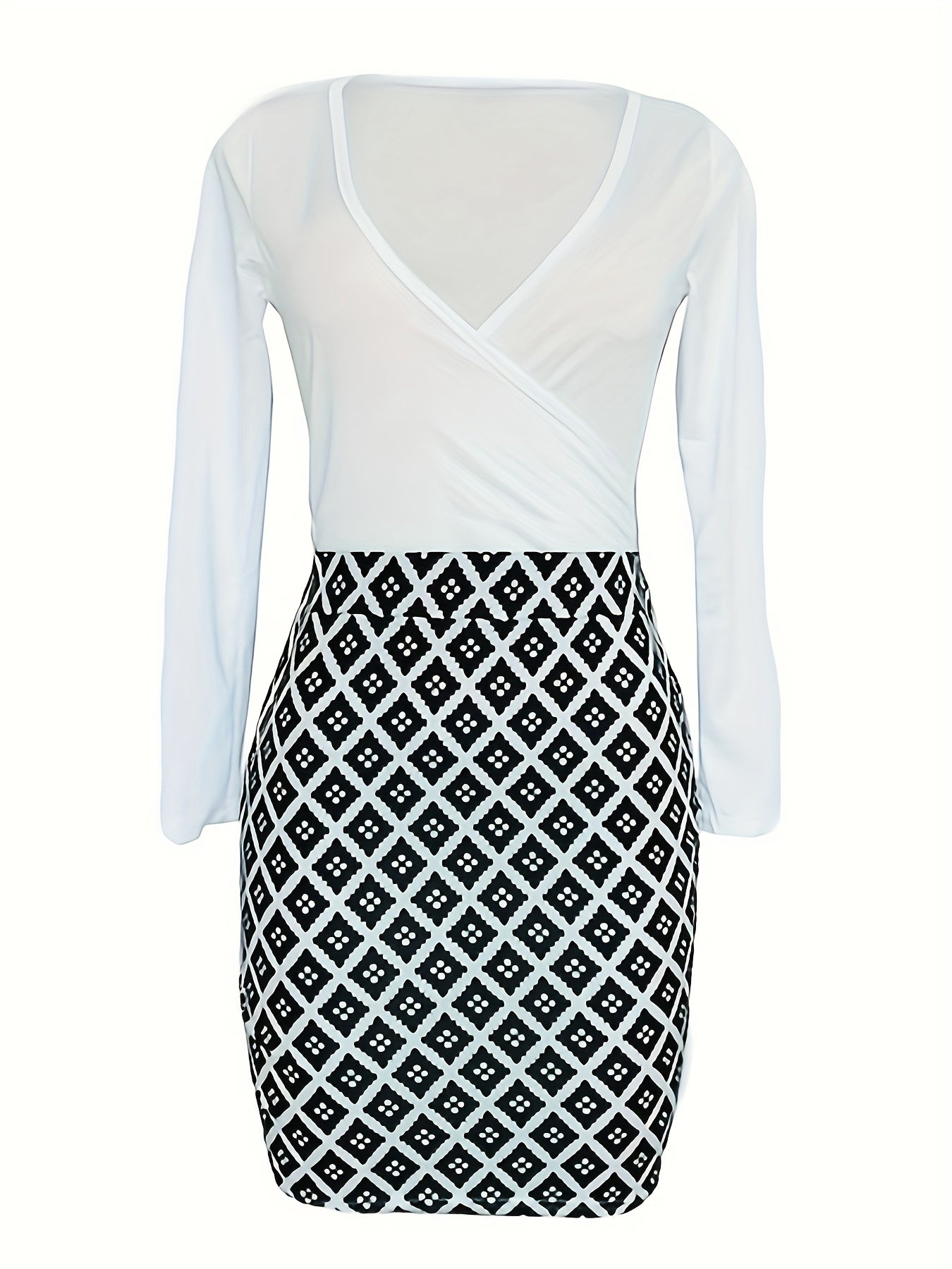 Geometric Print Surplice Neck Dress Long Sleeve Bodycon Dress