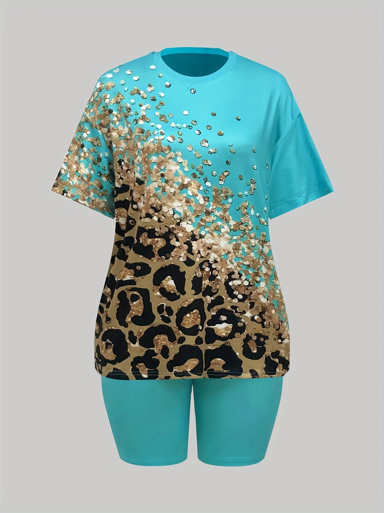 Women's Plus Leopard & Rhinestone Print Round Neck Short Sleeve & Shorts Outfits