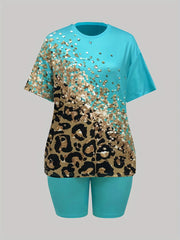 Women's Plus Leopard & Rhinestone Print Round Neck Short Sleeve & Shorts Outfits