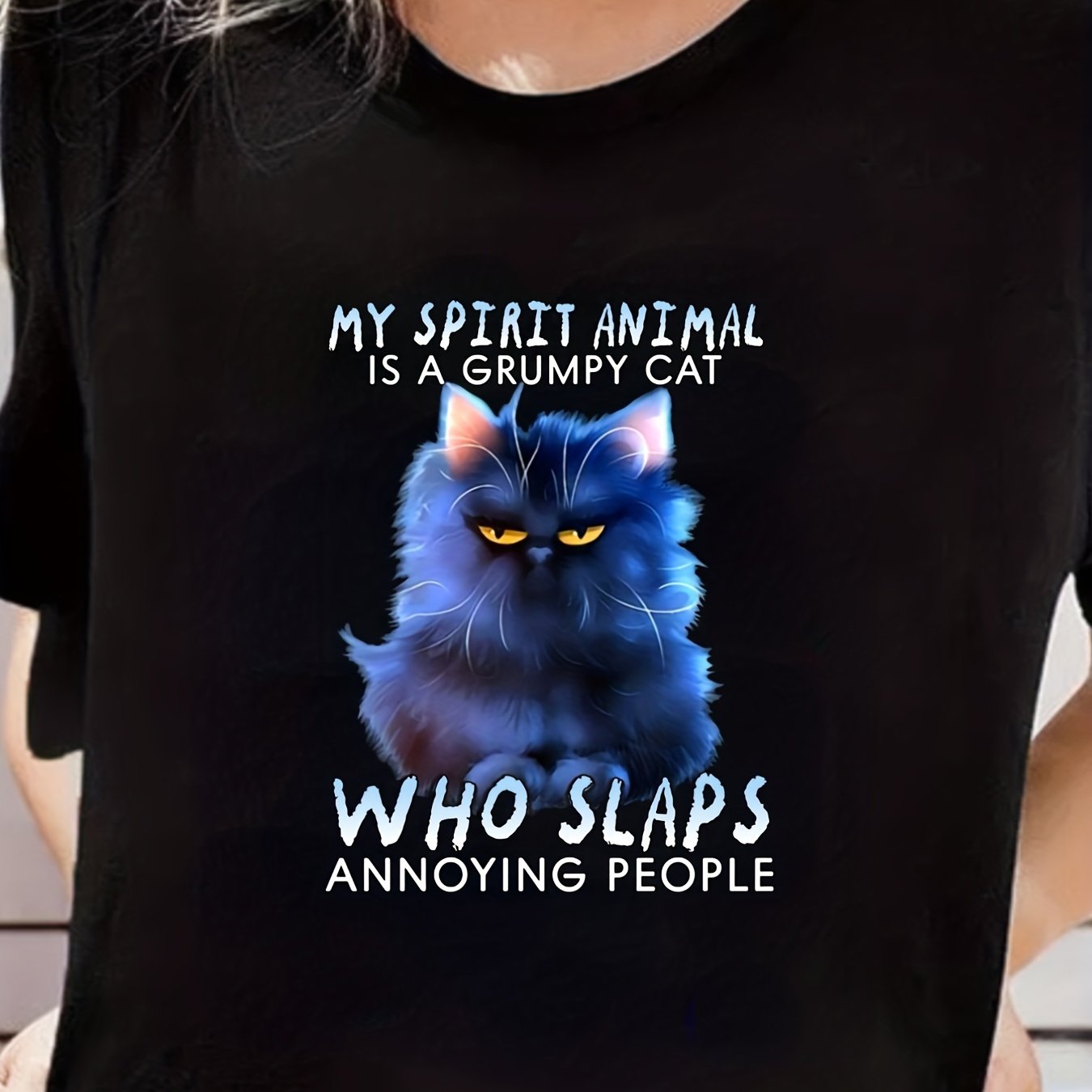 Cat & Letter Print Short Sleeve Tops O neck T shirts Women's Summer Tee