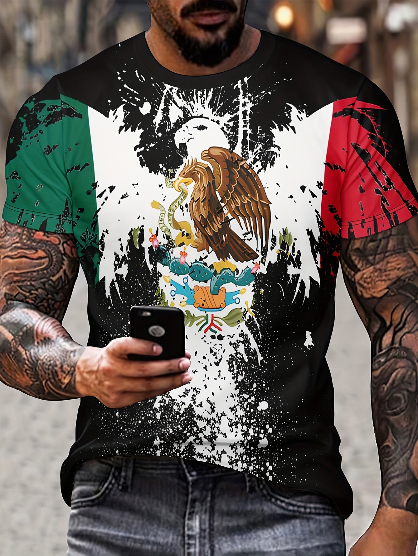 Eagle & Snake Print Men's Long Sleeve Novelty T-shirt for Autumn