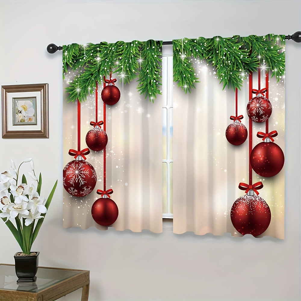 2 Panels Christmas Curtains Red Christmas Balls Pine Leaves Rod Pocket Curtains