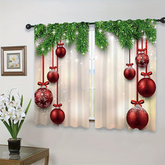 2 Panels Christmas Curtains Red Christmas Balls Pine Leaves Rod Pocket Curtains