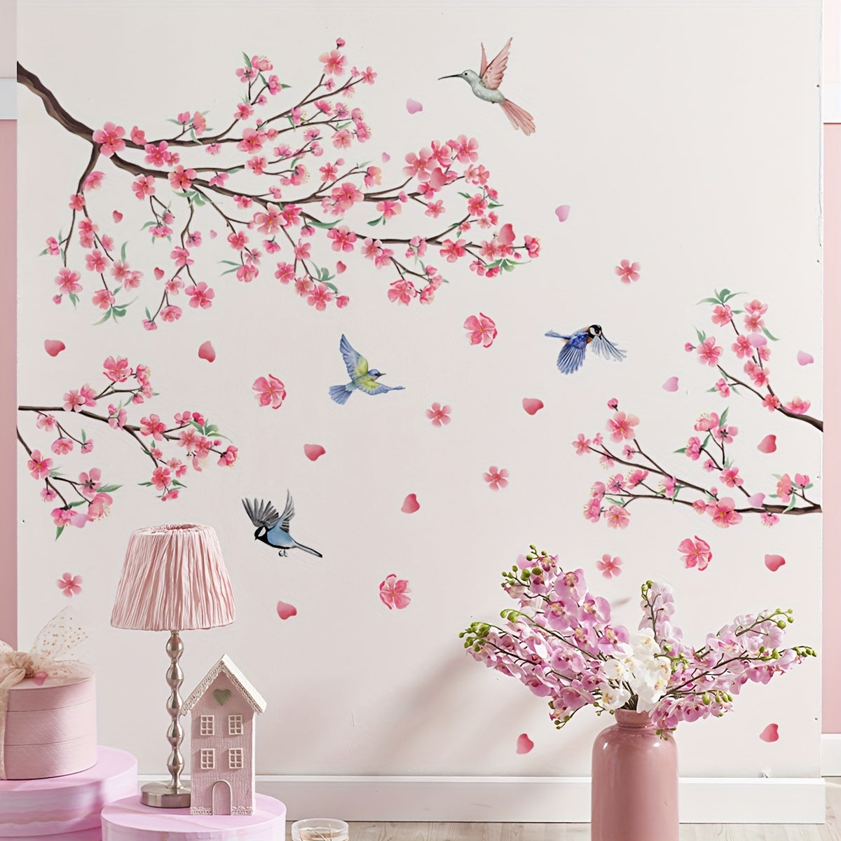 2pcs Peach Blossom Bird Wall Stickers for Living Room Bedroom