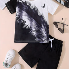 Boys Feather Graphic Casual Outfit T-shirt & Shorts Summer Clothes Set