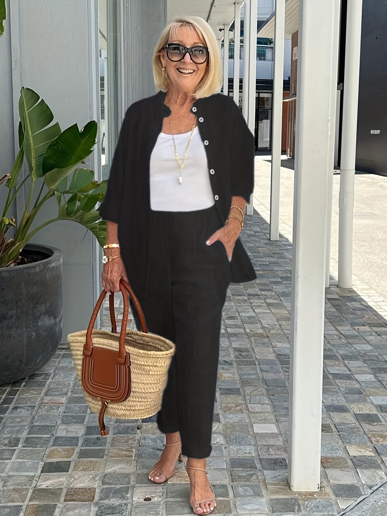 Solid Matching Two piece Set Long Sleeve Shirt & Casual Pants
