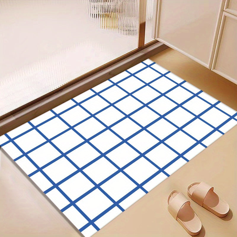 Plaid Pattern Bath Rug Soft Absorbent Non-slip Bath Mat Diatom Mud Material