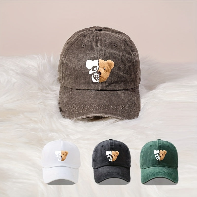 Skull Bear Print Baseball Cap Washed Distressed Cotton Sports Hat