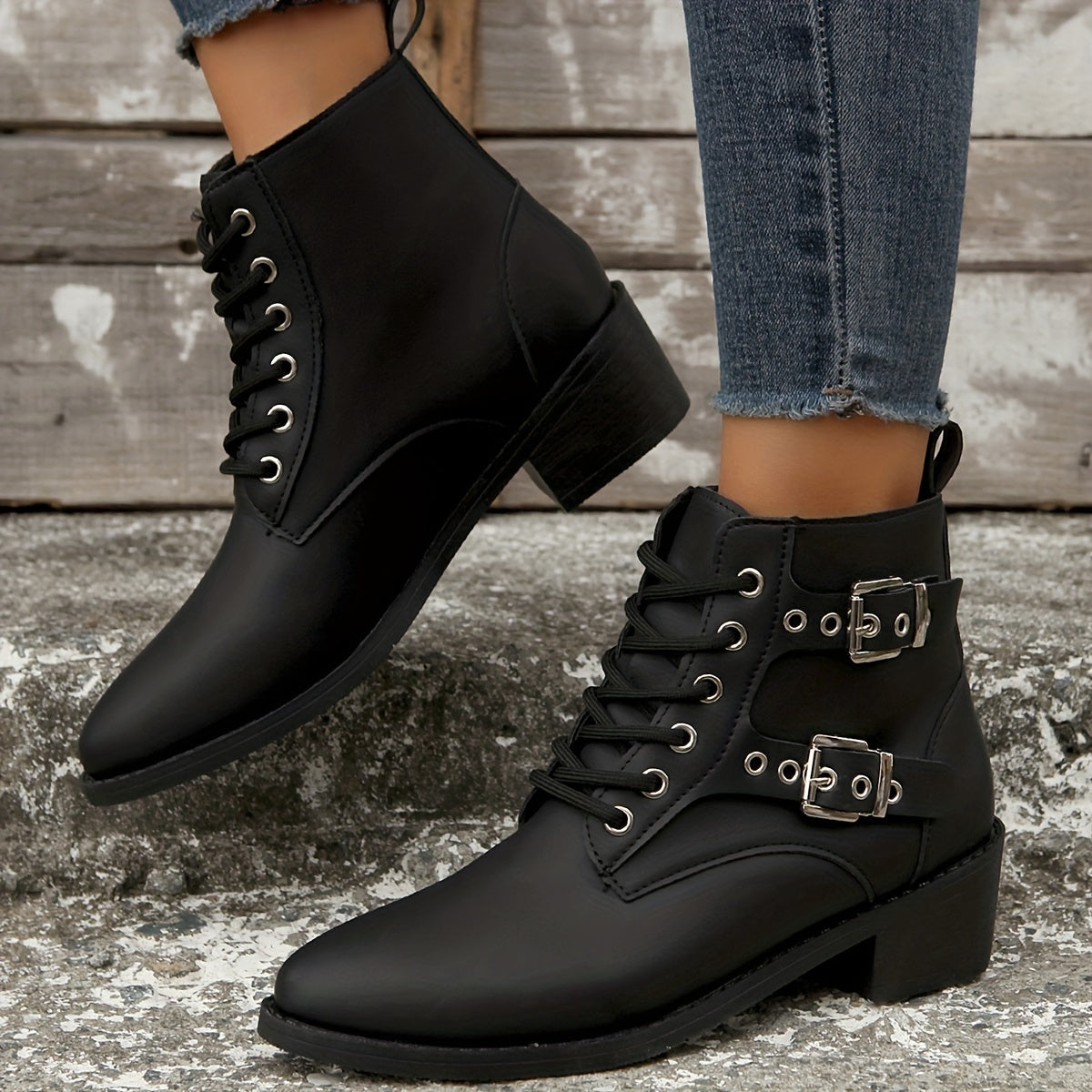 Women's Eyelet Buckle Western Style Cowboy Boots Lace up Outdoor Mid Calf Boots