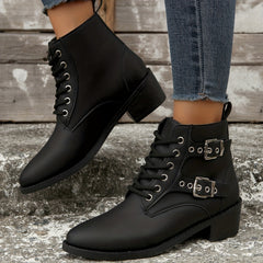 Women's Eyelet Buckle Western Style Cowboy Boots Lace up Outdoor Mid Calf Boots