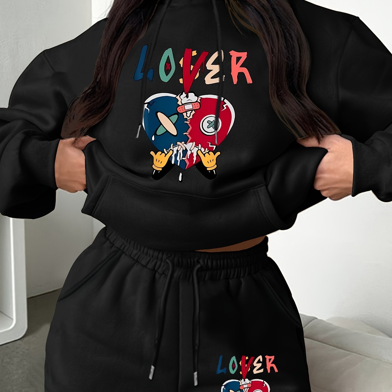 Women's Plus Letter Print Hoodie & Shorts 2 Piece Set