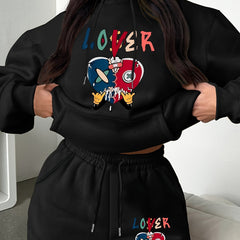 Women's Plus Letter Print Hoodie & Shorts 2 Piece Set