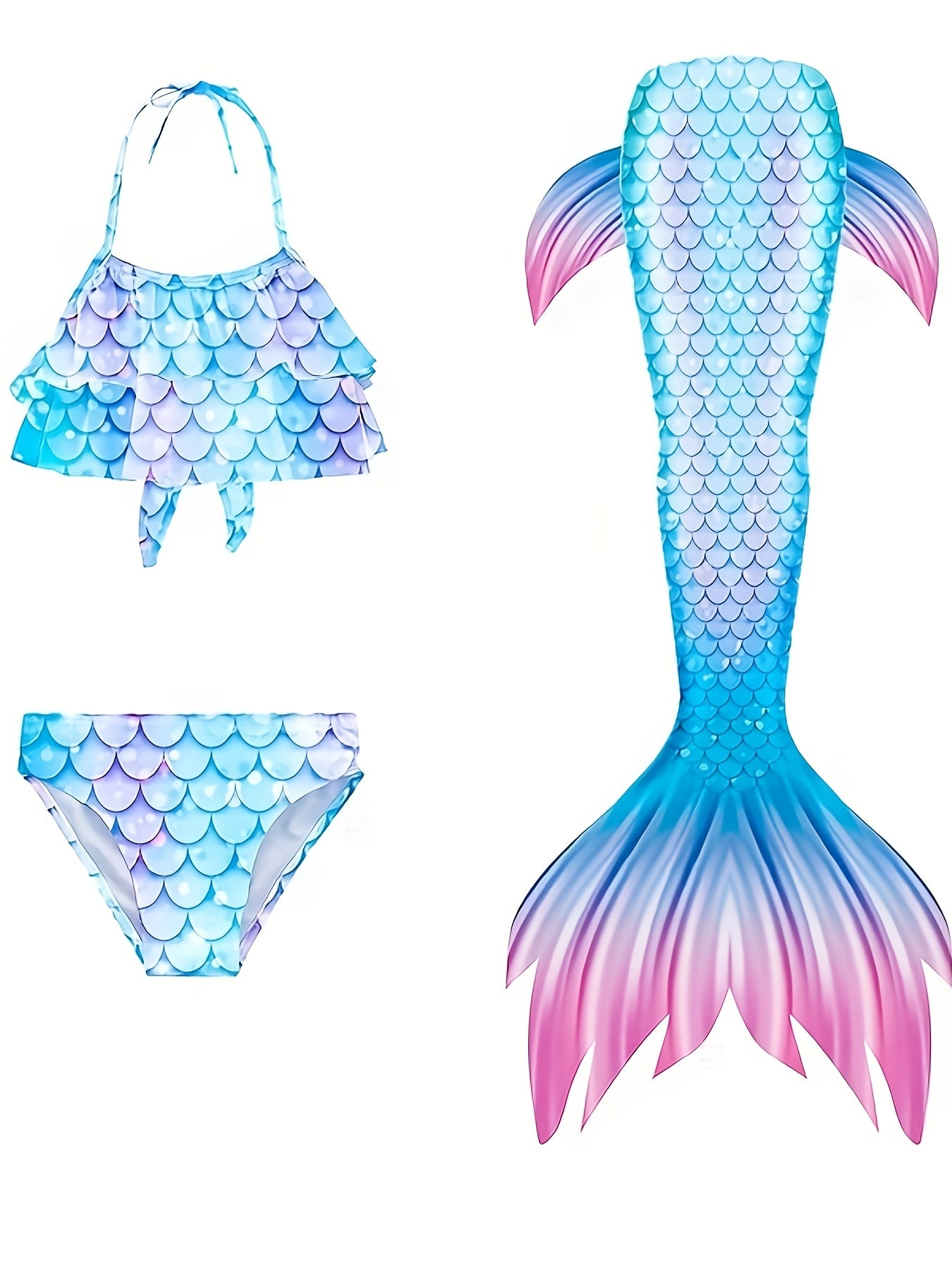 Girl's Tie Dye Mermaid Swimsuit 3pcs Bikini Set & Mermaid Tail Fish Scale Print