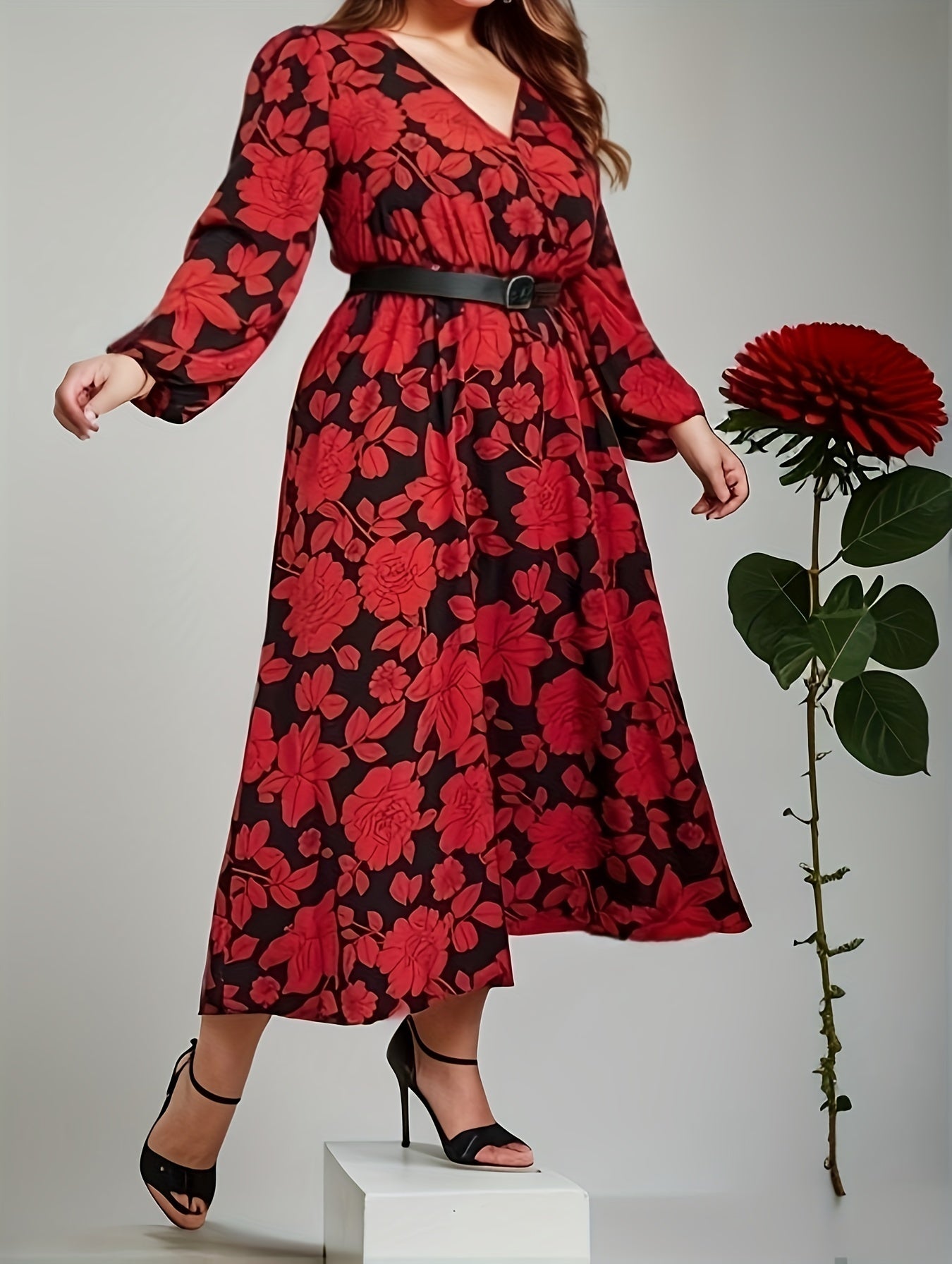 Casual Dress Women's Plus Floral Print Long Sleeve V Neck
