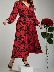 Casual Dress Women's Plus Floral Print Long Sleeve V Neck