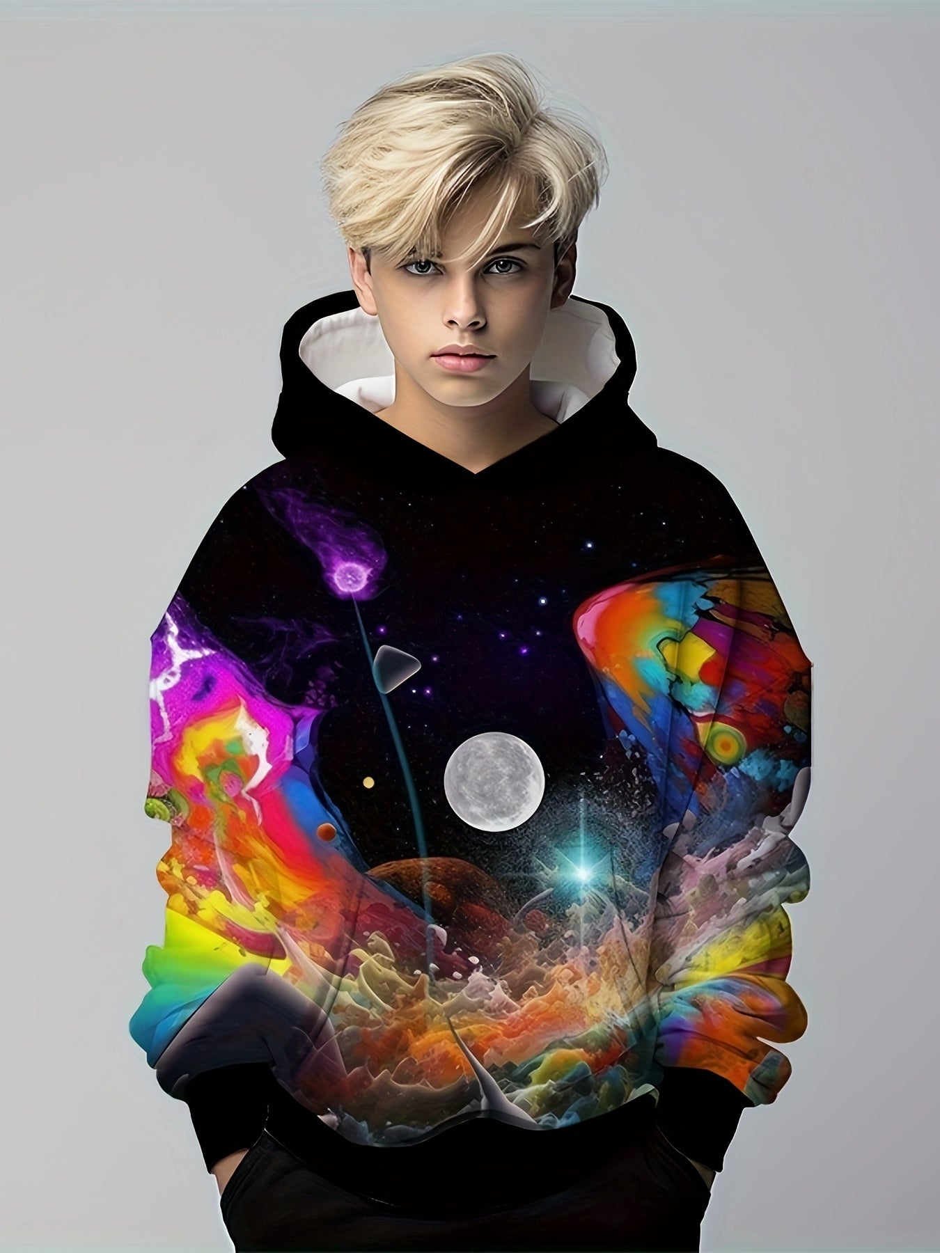 Ocean & Moon Pattern Kid's Hoodie Casual Pullover Long Sleeve Top
