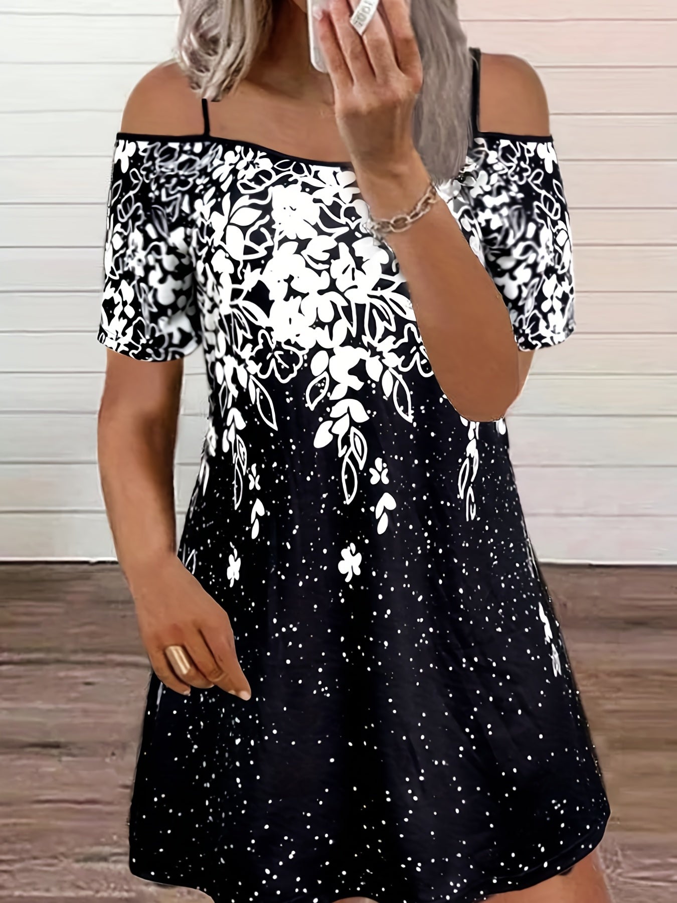 Floral Print Cold Shoulder V Neck Stretch Dress