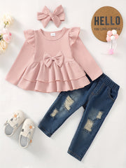2pcs Girls Regular Sleeve Top & Denim Pants For Kids Clothes