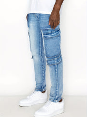 Mens Slim Fit Cargo Jeans Distressed Medium Stretch Denim Pants