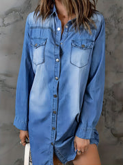 Women's Denim Shirt Long Sleeves Single Breasted Button Lapel
