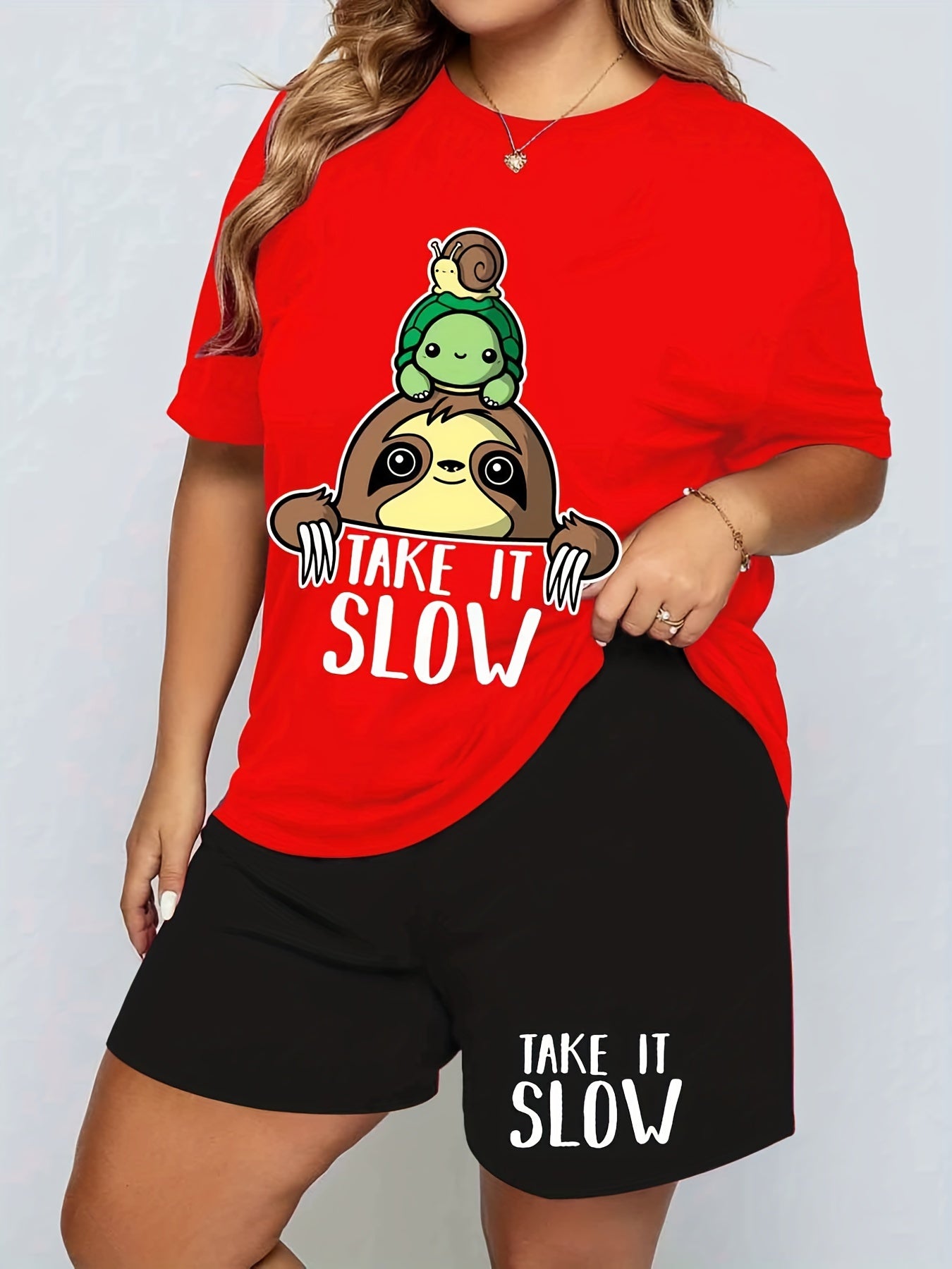 Sloth & Turtle Print Tee & Shorts Pajama Set
