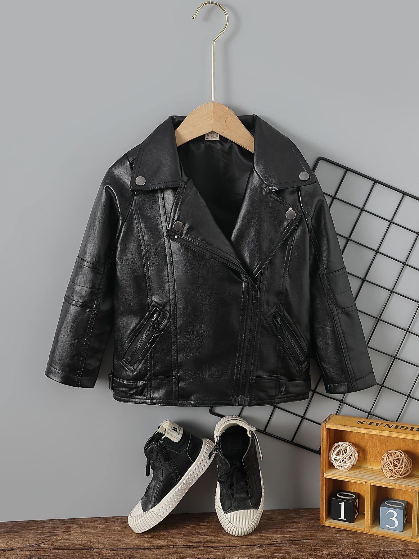 Kids Lapel PU Leather Jacket Zipper Coat Boys Girls Top