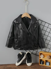 Kids Lapel PU Leather Jacket Zipper Coat Boys Girls Top