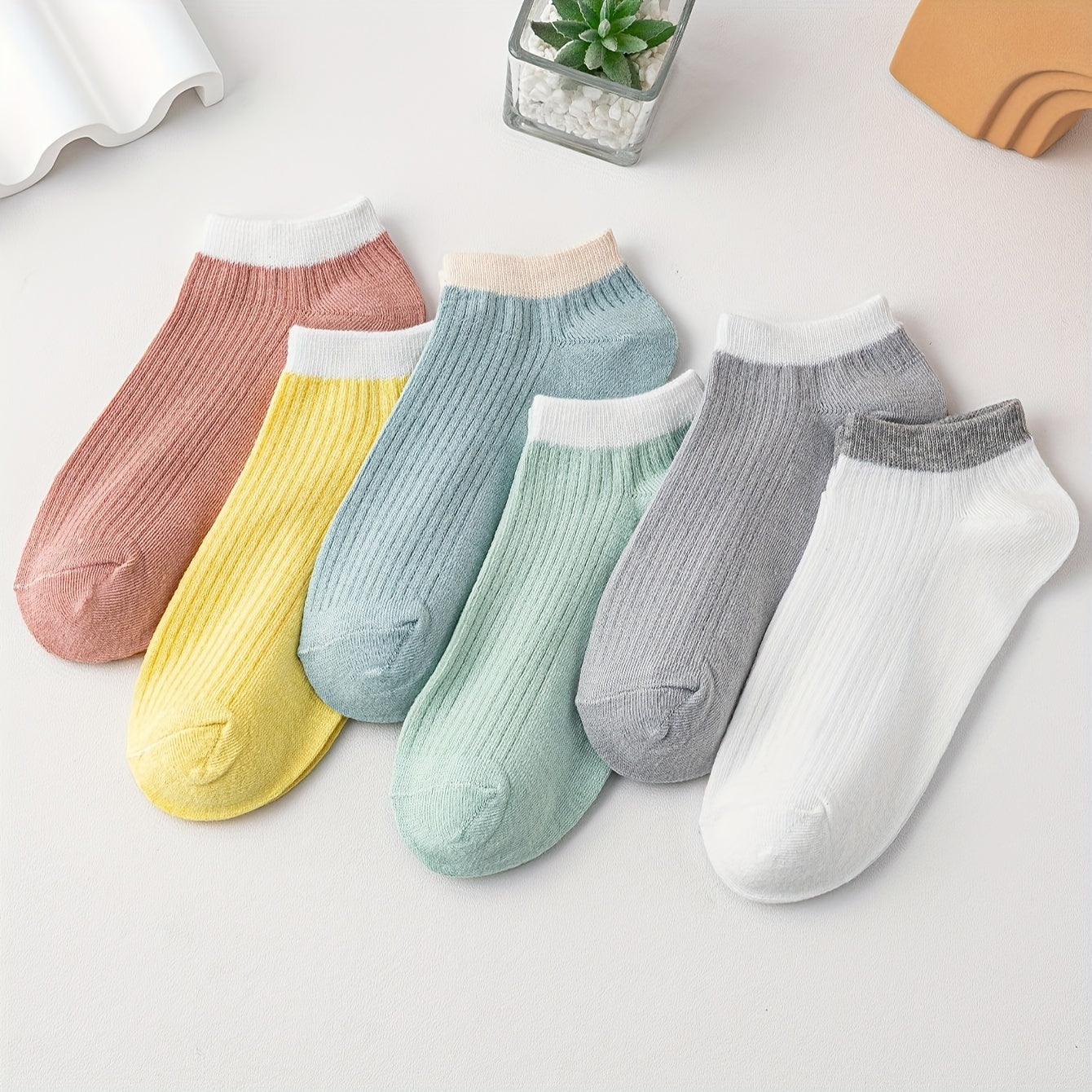 6 Pairs Colorblock Trim Soft Lightweight Socks Low Cut Ankle Women's Stockings