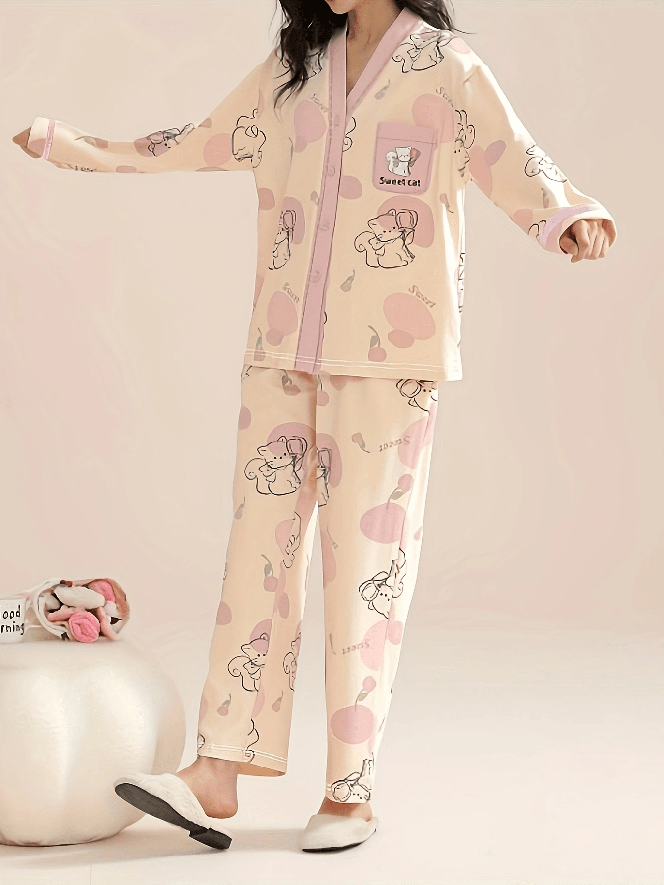 Cartoon Cat Pajama Set Long Sleeve V Neck Top & Elastic Waistband