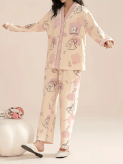 Cartoon Cat Pajama Set Long Sleeve V Neck Top & Elastic Waistband