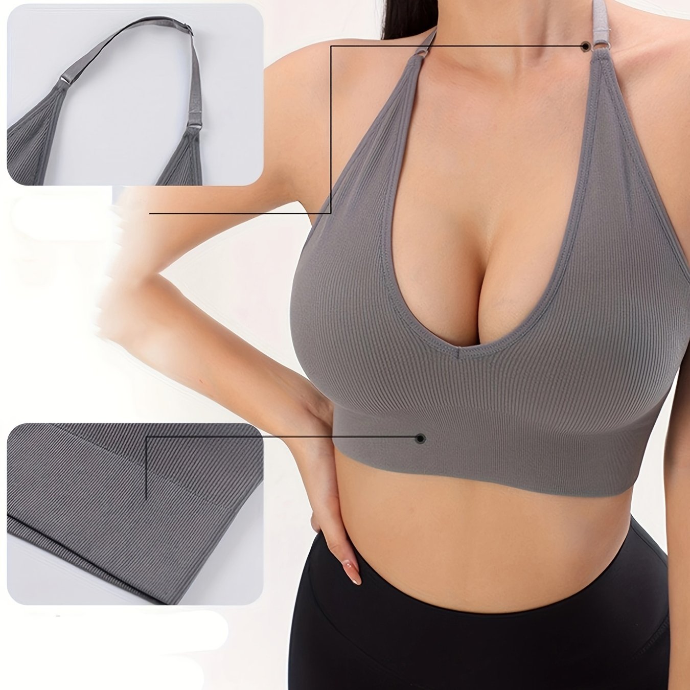 Ribbed Halter Sports Bra Deep V Bra Women's Lingerie