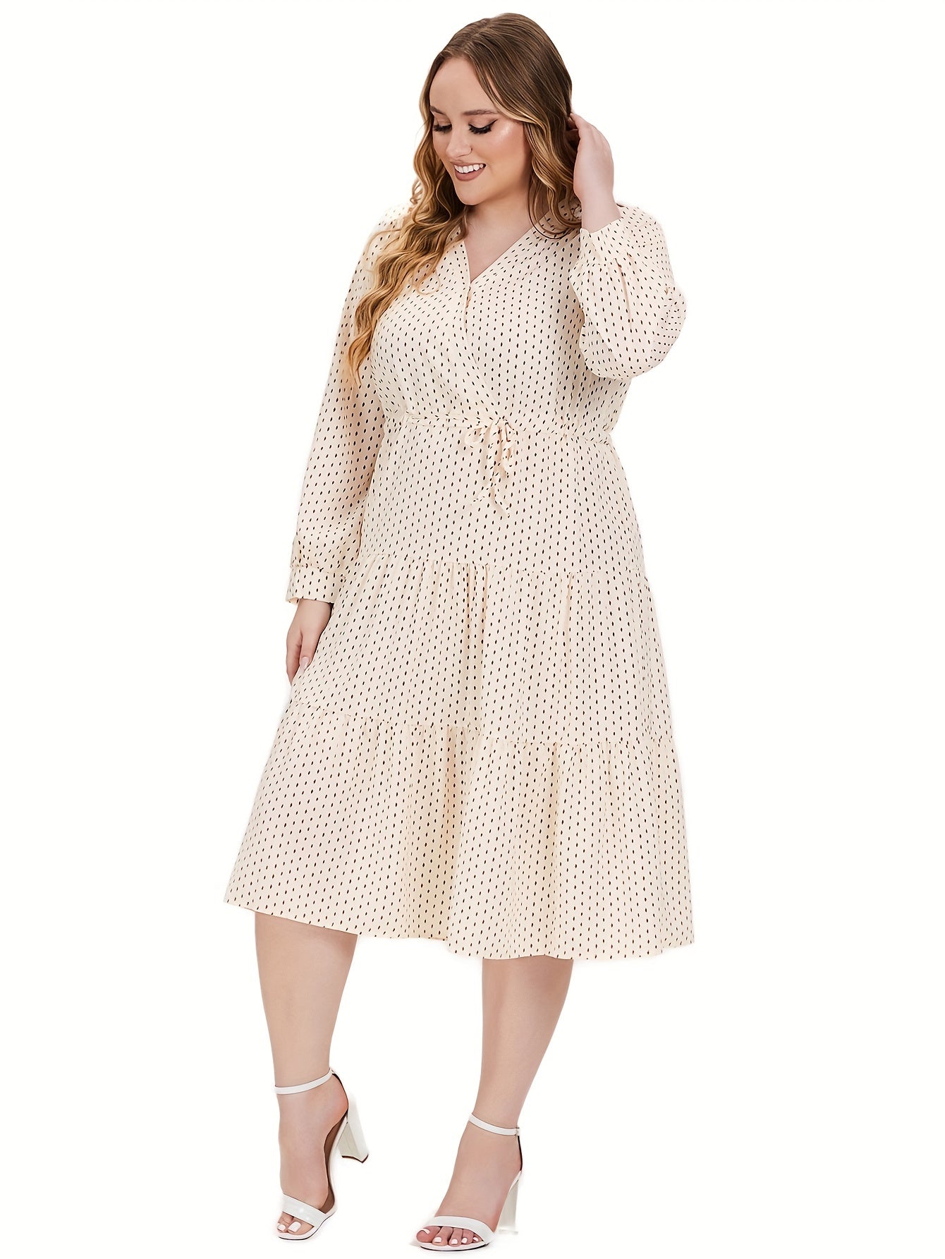 Plus Dot Print Lantern Sleeve Midi Smock Dress