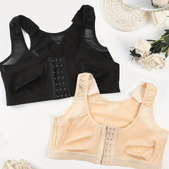 2pcs Wireless Bras Front Buckle Mesh Contrast Comfy & Breathable
