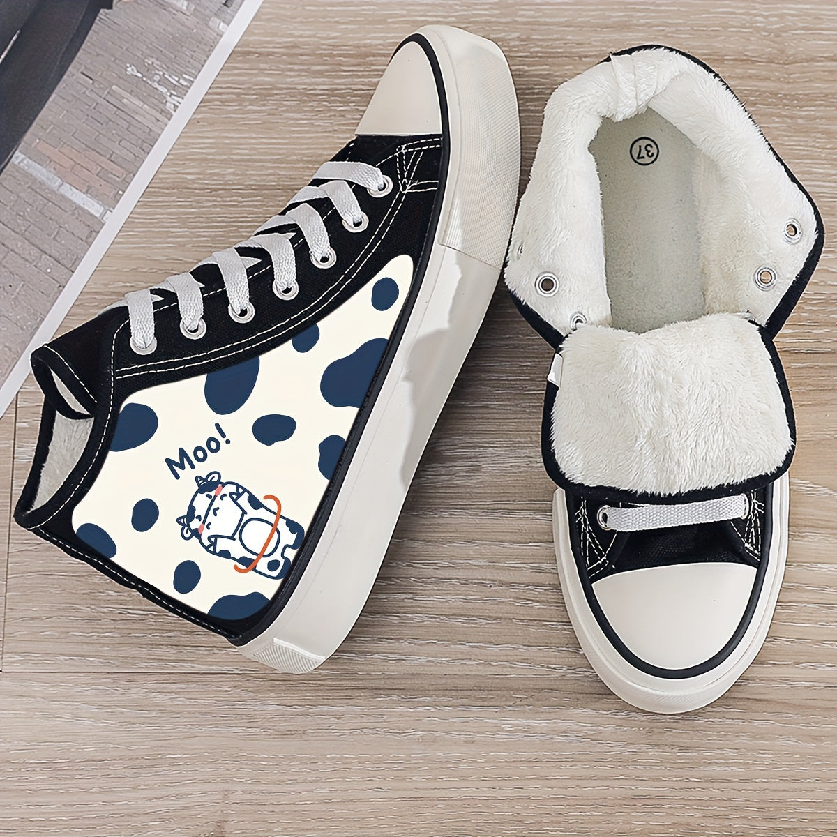 Cow Print Plush Lined Thermal Chunky Canvas Sneakers Flat High