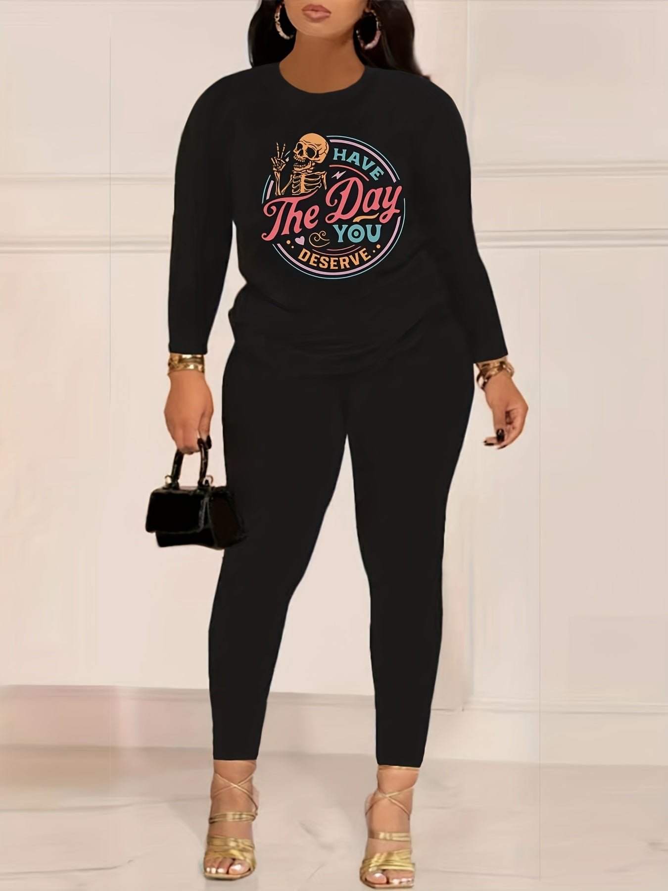 Women's Plus Skull & Letter Print Tee & Leggings Outfits 2pcs Set