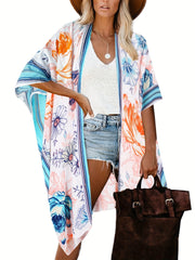 Casual Cover Up Floral & Stripe Print Bat Sleeve Kimono Shawl