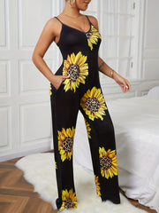 Sunflower Print Spaghetti Strap Jumpsuit Casual Wide Leg Sleeveless Jumpsuit