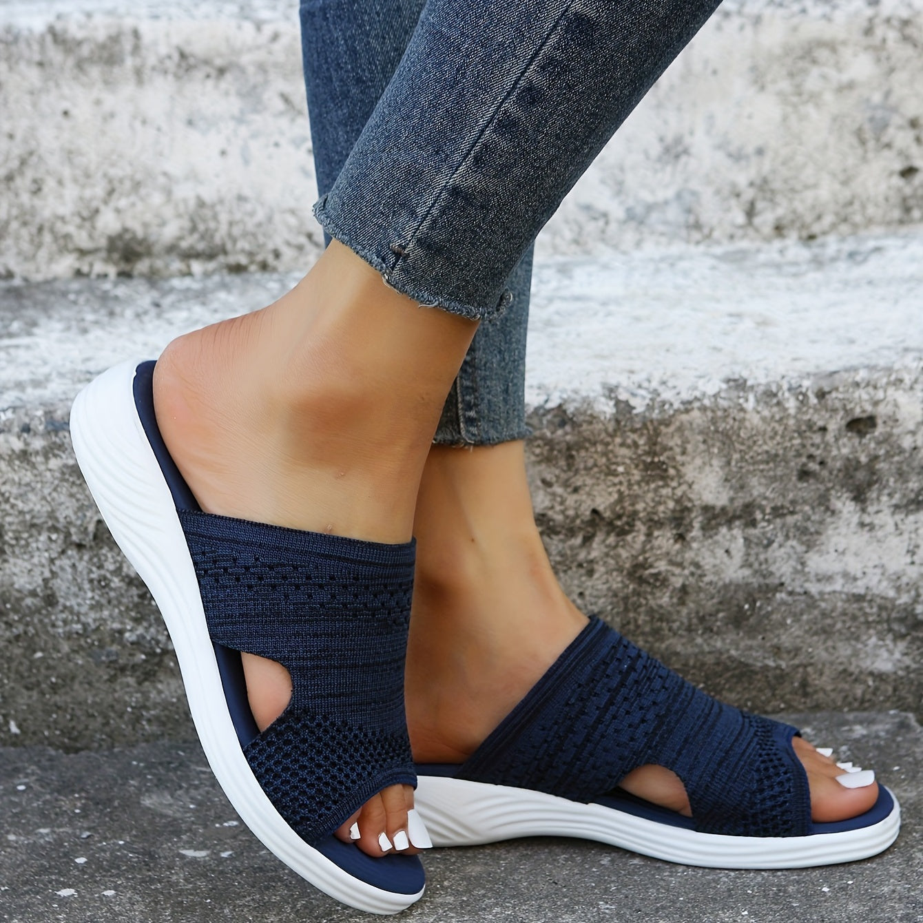 Women's Breathable Knit Slide Sandals Cut Out Comfy Non Slip Shoes