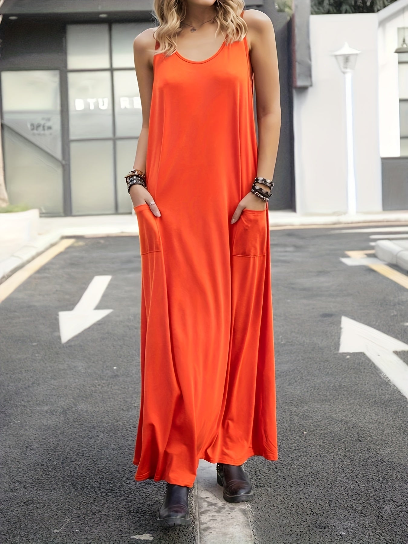 Solid V Neck Stretch Maxi Tank Dress With Pockets
