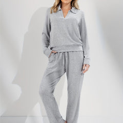 Women's Plus Long Sleeve Polo Neck Top & Tie Front Pants Outfit Set