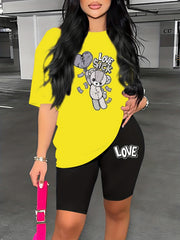 Bear & Letter Print Two piece Set Crew Neck Short Sleeve Tops & Slim Shorts