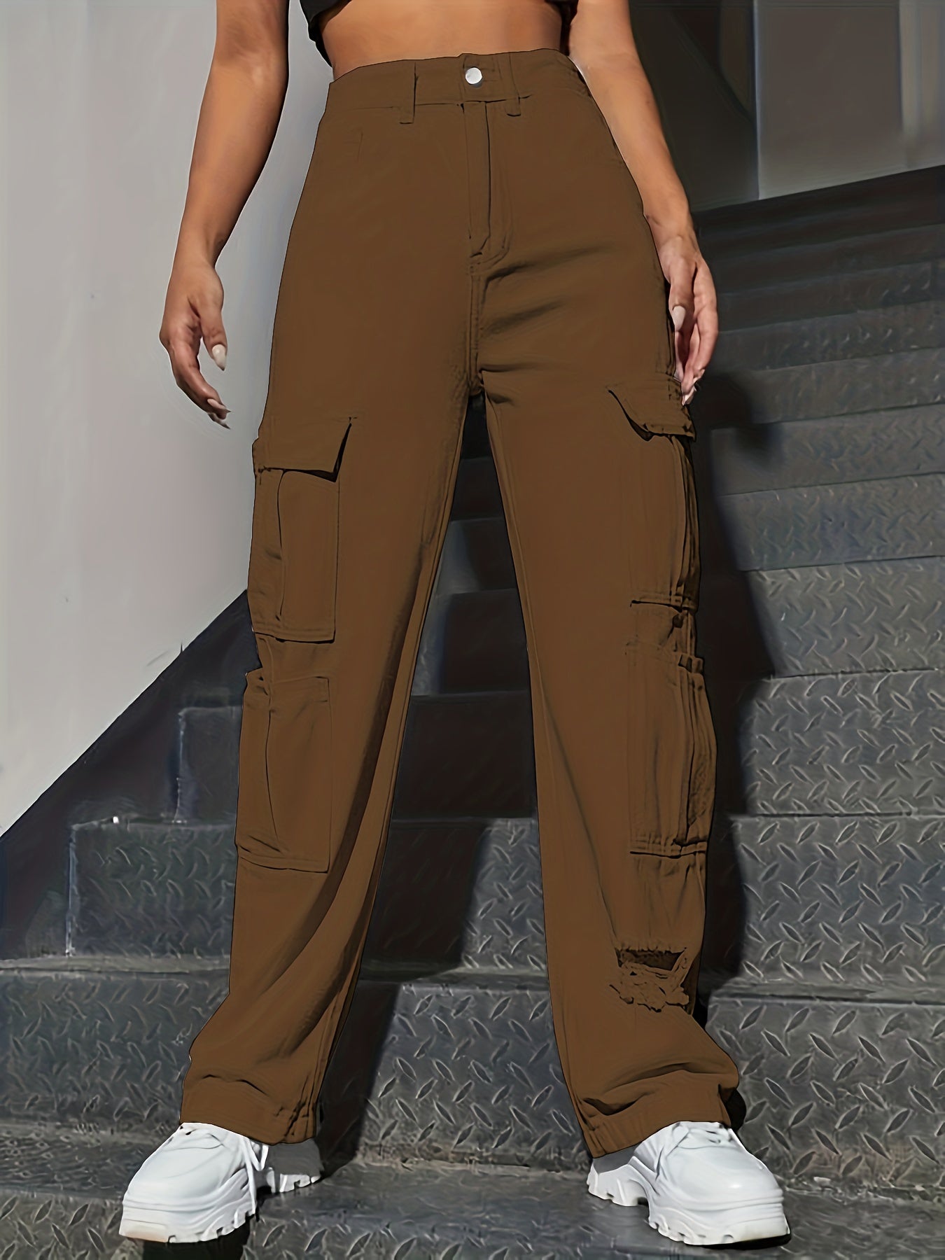 Cargo Pocket Jeans Solid Street Kpop Y2K Style Denim Pants Women's
