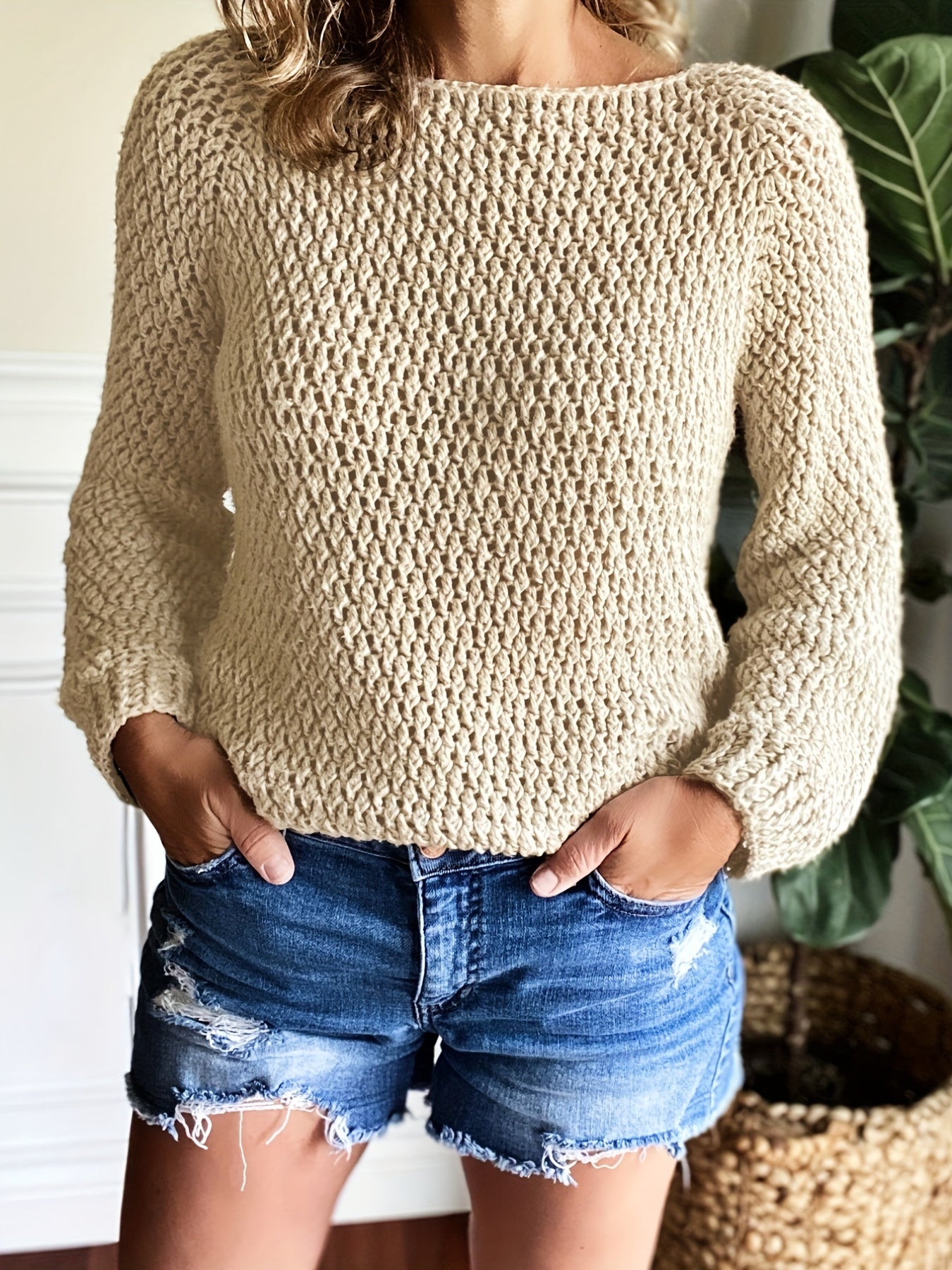 Solid Textured Long Sleeve Round Neck Sweater